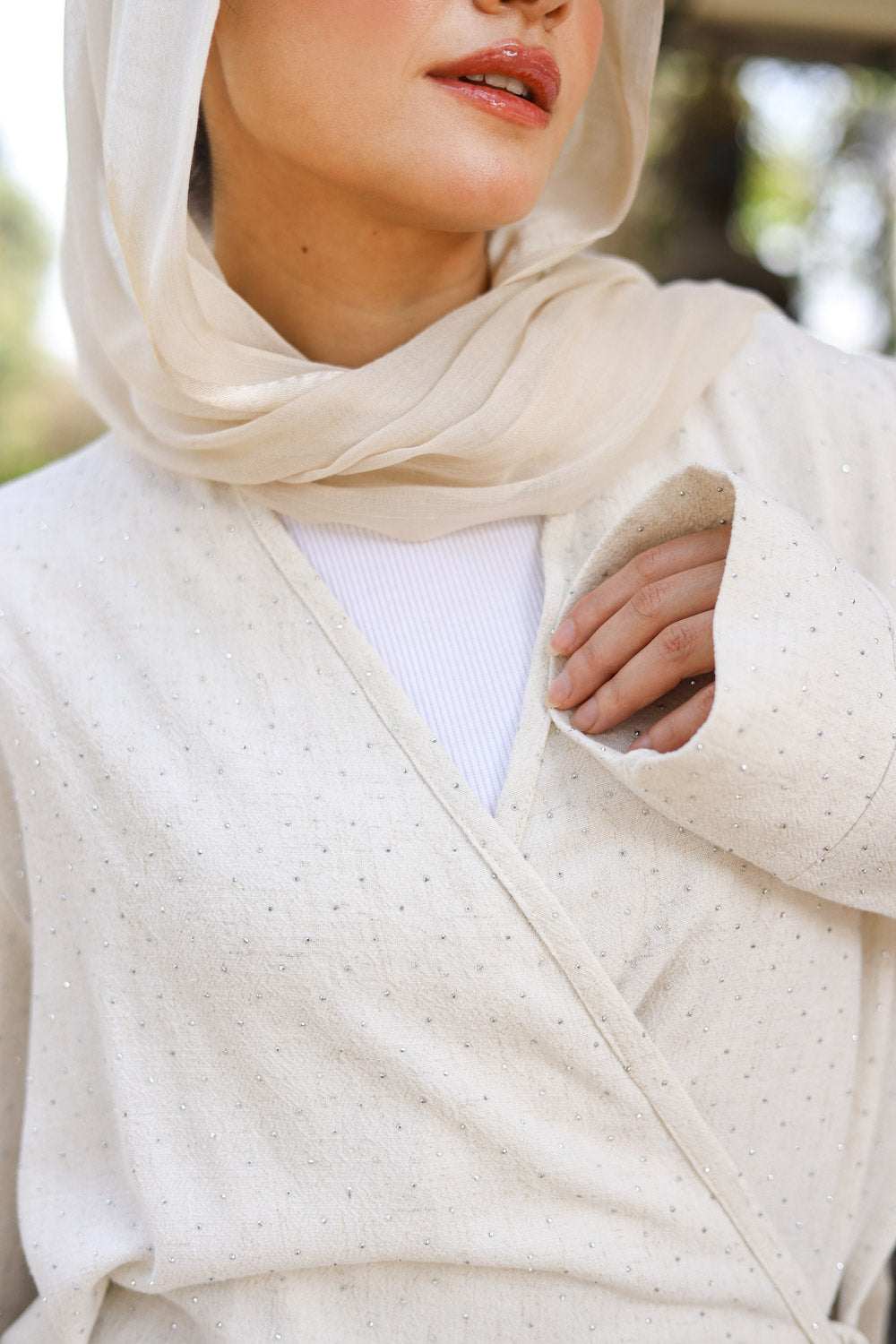 wrap studded linen shirt in beige